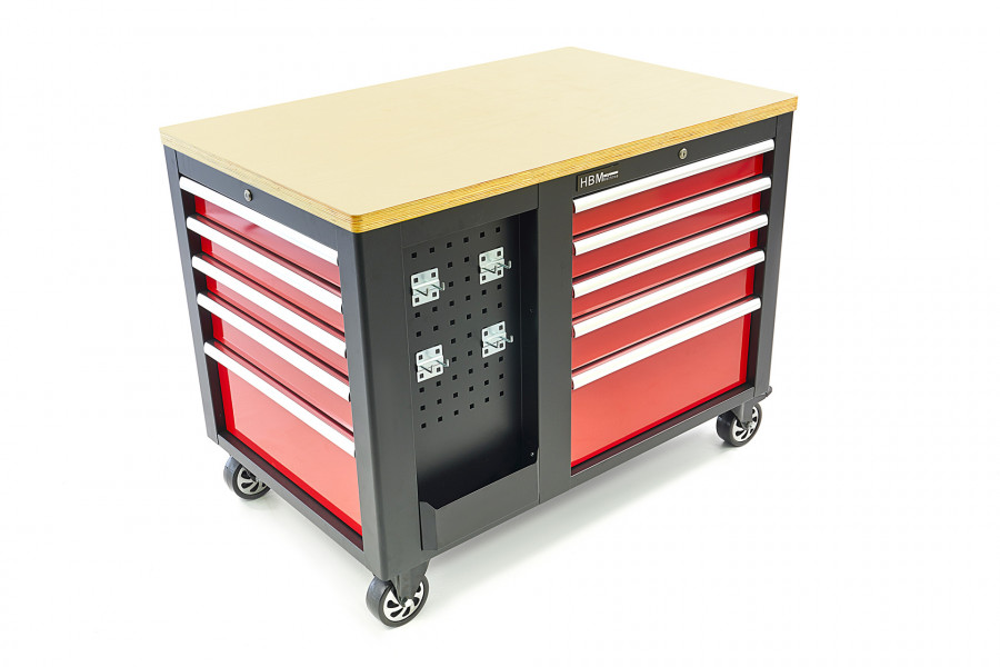 Chariot à outils mobile HBM, établi avec plan de travail en bois 10 tiroirs, rouge noir