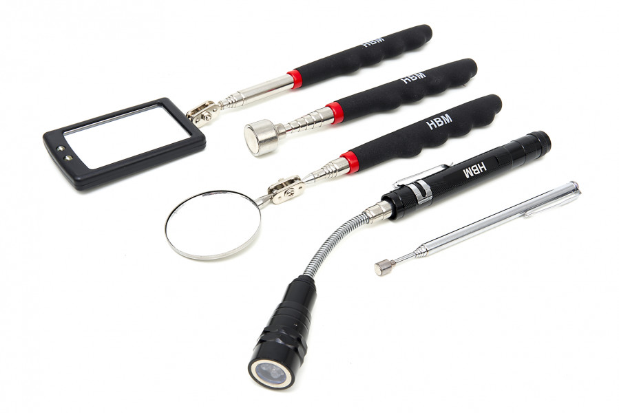 HBM Set d'outils magnétiques 5 pièces comprenant une lampe LED, des miroirs et des aimants de ramassage