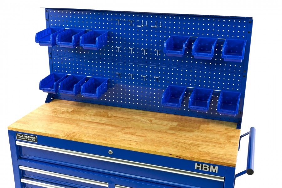 HBM Rückwand mit 12 Behältern und 12 Haken für den HBM 117 cm Werkzeugwagen BLUE
