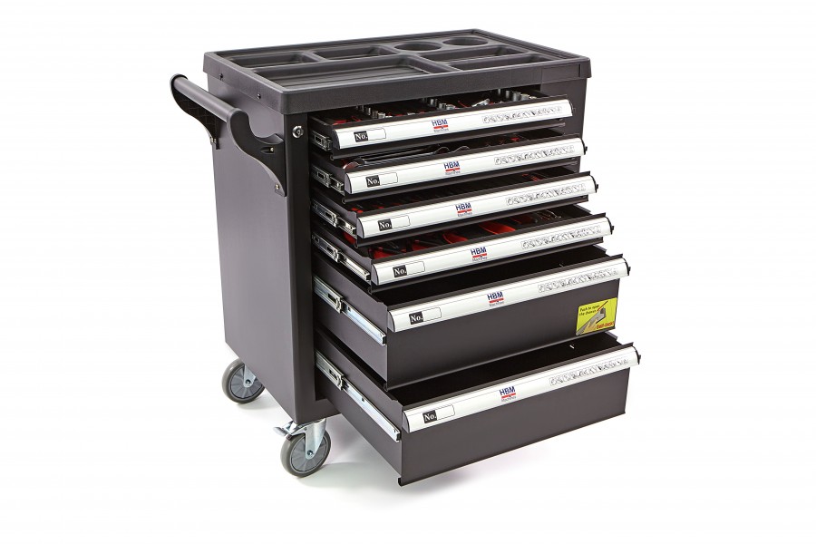 HBM Chariot à outils rempli 154 pcs avec 6 tiroirs BLACK EDITION