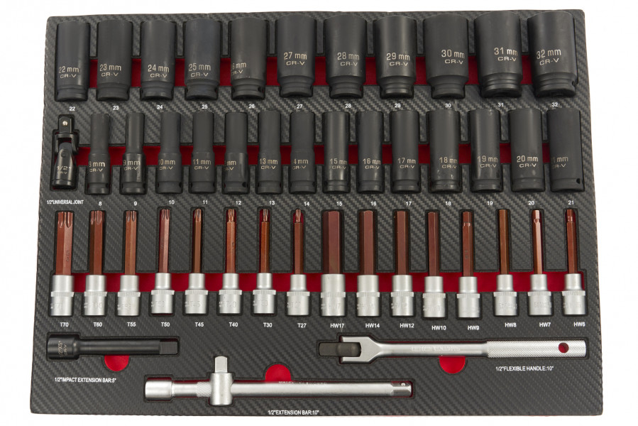 HBM 45-teiliges Stecknuss- und Bit-Set mit Karbonschaumeinlage für Werkzeugwagen