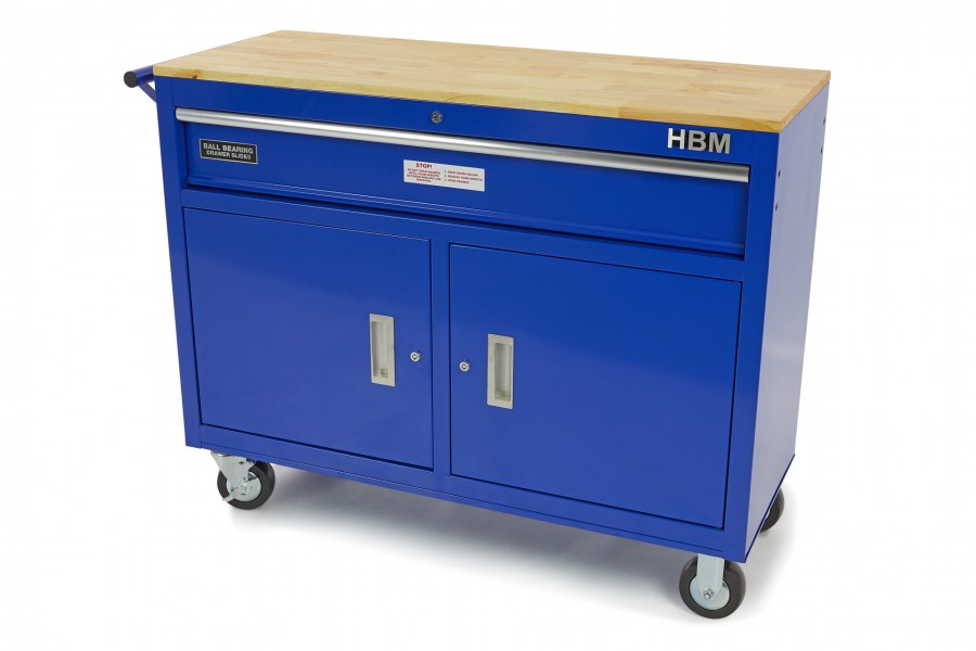 HBM Verrijdbare gereedschapswagen met houten werkblad - 117 cm - blauw